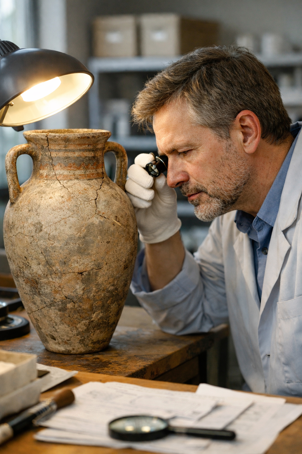 A professional museum conservator authenticating an ancient large ceramic amphora in a laboratory. The expert is wearing white cotton gloves and examining the pottery carefully under a soft inspection lamp. The amphora is tall, weathered, with visible age cracks and subtle painted patterns. The setting is a clean conservation studio with wooden tables, archival boxes, magnifying tools, and documentation papers. The conservator is focused and serious, using a small magnifier to inspect surface details. Soft natural light from a window mixes with warm task lighting. Photorealistic, high detail, shallow depth of field, professional documentary photography style, 85mm lens, realistic skin texture, museum-quality scene.