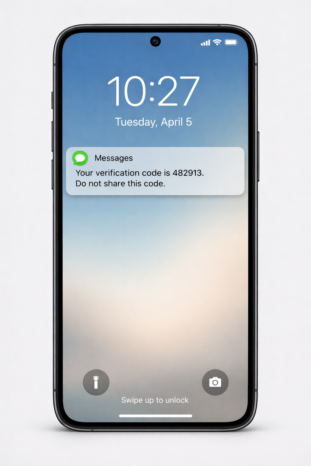 A realistic, vertically oriented image (portrait aspect ratio, 9:16) of a modern smartphone shown from the front. The phone screen is on and displays a lock screen with a visible SMS notification containing a one-time password (OTP). The SMS notification reads: “Your verification code is 482913. Do not share this code.” The lock screen shows the time at the top, a neutral background (soft gradient or blurred abstract wallpaper), and the OTP message clearly visible in a standard notification banner. The phone is centered against a simple, clean background (light gray or white) with no additional objects. Minimalist, professional, realistic lighting, no brand logos, no copyrighted UI, generic interface design. Portrait orientation, taller than wide, suitable for a presentation slide.