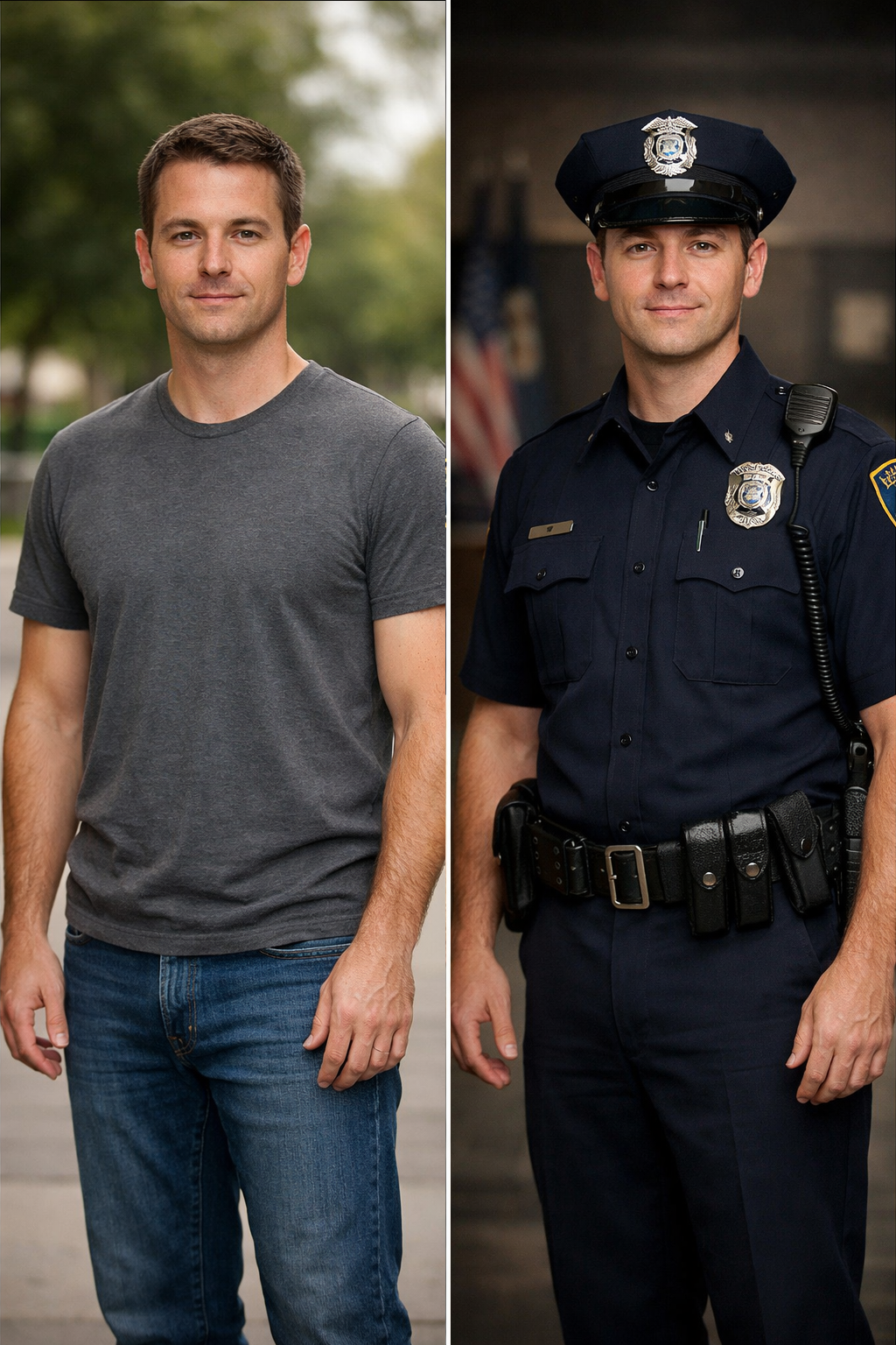 A vertical split-screen image (portrait orientation, taller than wide). The exact same person appears on both sides of the image, photorealistic and highly detailed. On the left side: the person is dressed as a professional police officer in a clean, well-fitted modern police uniform, standing upright with calm, confident posture, neutral but trustworthy expression, subtle professional smile. The lighting is slightly dramatic and official-looking, similar to a formal portrait. Background is softly blurred but suggests a police station or civic building. On the right side: the exact same person (same face, same hair, same age, same expression, same posture, same camera angle, same lighting direction) is dressed casually in everyday clothing (plain t-shirt and jeans), standing in a neutral public setting such as a sidewalk or park. Expression and pose are identical to the left side. The image should emphasize that the only meaningful difference is the clothing and contextual background. Both sides should match in framing, facial expression, posture, and lighting direction to clearly isolate the impact of the uniform. High realism, professional photography, sharp focus, natural skin tones, no exaggerated expressions. Composition centered. 4:5 aspect ratio. Full-body or mid-thigh framing.