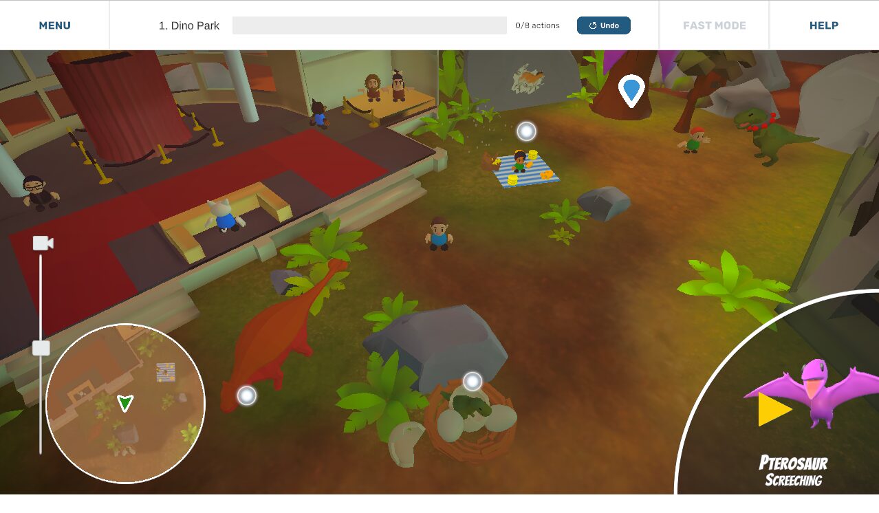 A screenshot the 3D SeedQuest interface. A dinosaur park environment. In the lower right of the screenshot is a quarter circle containing an image of a pterosaur labeled 'Pterosaur', and below that, 'screeching'.