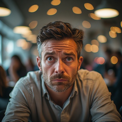 A photo of a man with a furrowed brow, straining to remember. Bokeh background of a testing center. Intricate detail.