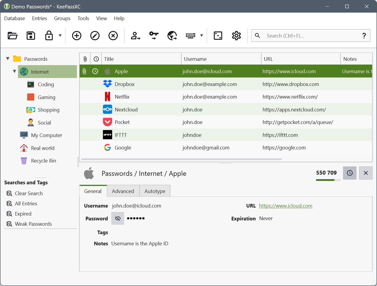 A view of the KeePassXC password manager central database window.