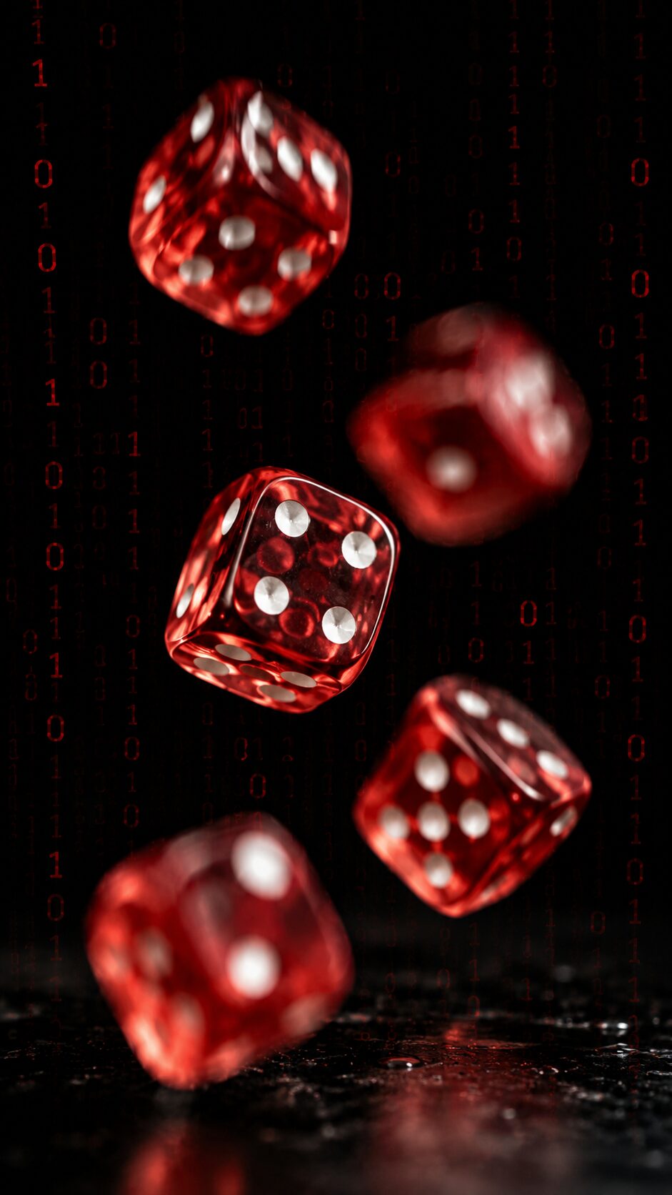 A macro photograph of a handful of tumbling casino dice mid-roll against a dark background, motion blur suggesting randomness, with a faint overlay of glowing binary 0s and 1s in the negative space. High contrast lighting, shallow depth of field, photorealistic — conveys the concept of entropy and unpredictability.