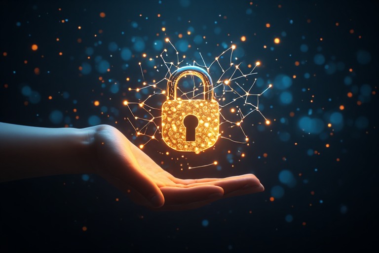A conceptual photorealistic hero image blending memory and security: a glowing golden padlock rendered as a neural, brain-like network of light, floating above an open human palm in a dark, softly lit study. Faint bokeh of binary digits drifts in the background. Warm key light on the hand, cool blue rim light on the padlock, shallow depth of field, cinematic, high detail — evokes both 'memorable' and 'authentication' for a presentation title slide.