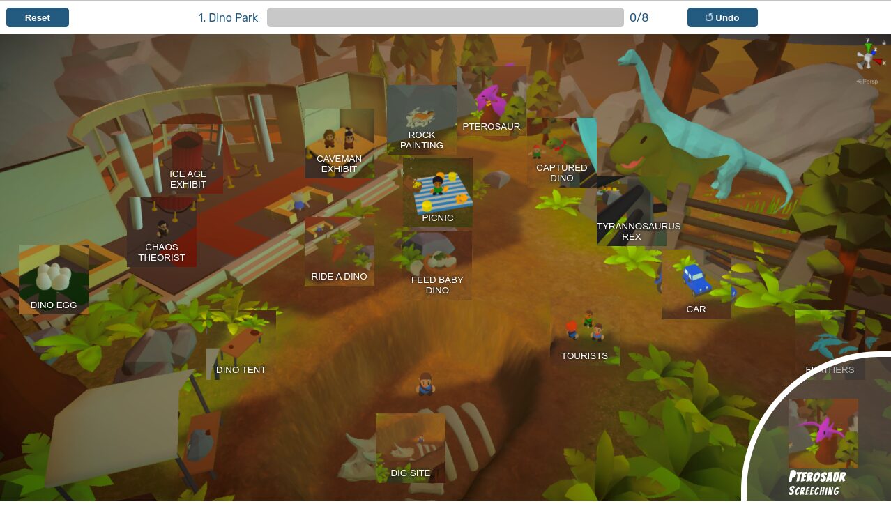 A screenshot the 2D ordered SeedQuest interface. Pictures of interactable elements are positioned in place over a picture of a dinosaur park environment. In the lower right of the screenshot is a quarter circle containing an image of a pterosaur labeled 'Pterosaur', and below that, 'screeching'.