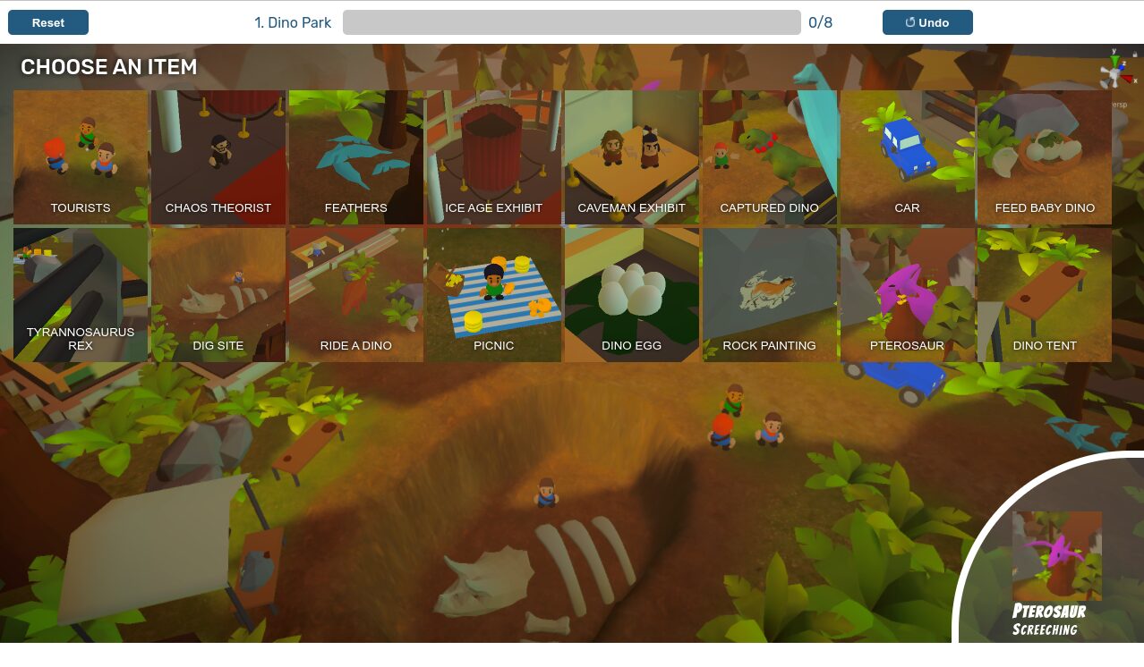 A screenshot the 2D random SeedQuest interface. Pictures of interactable items are presented in two rows of 8 each over a dinosaur park environment. In the lower right of the screenshot is a quarter circle containing an image of a pterosaur labeled 'Pterosaur', and below that, 'screeching'.